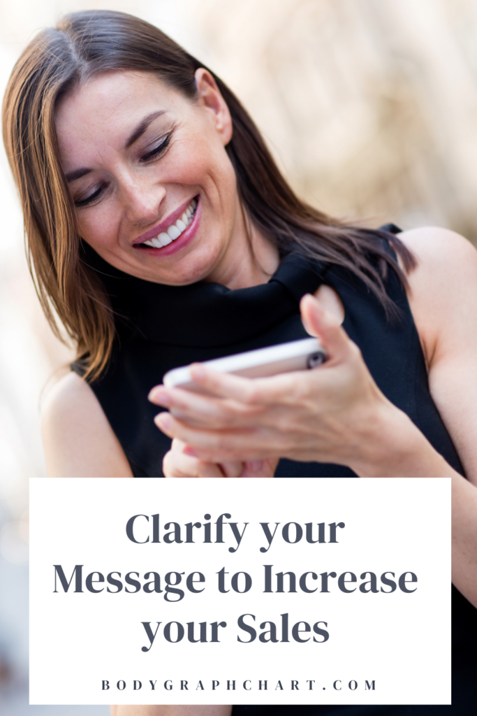 Woman looking at her phone smiling because a sale has come in. Words on graphic say clarify your message to increase your sales