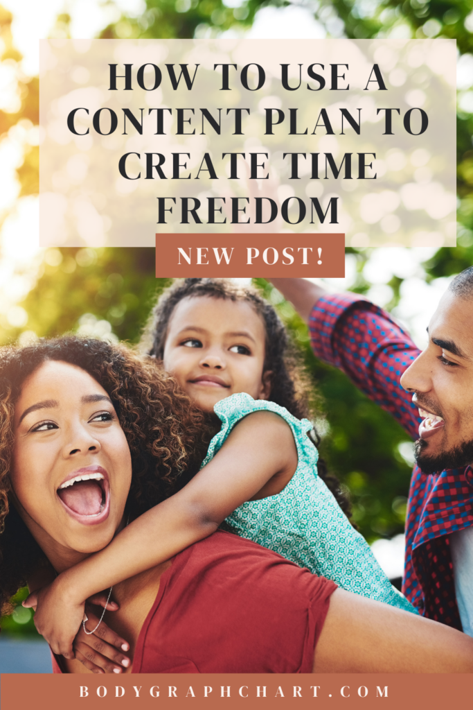 Happy family spending time together outside with the text How to use a content plan to create time freedom 
